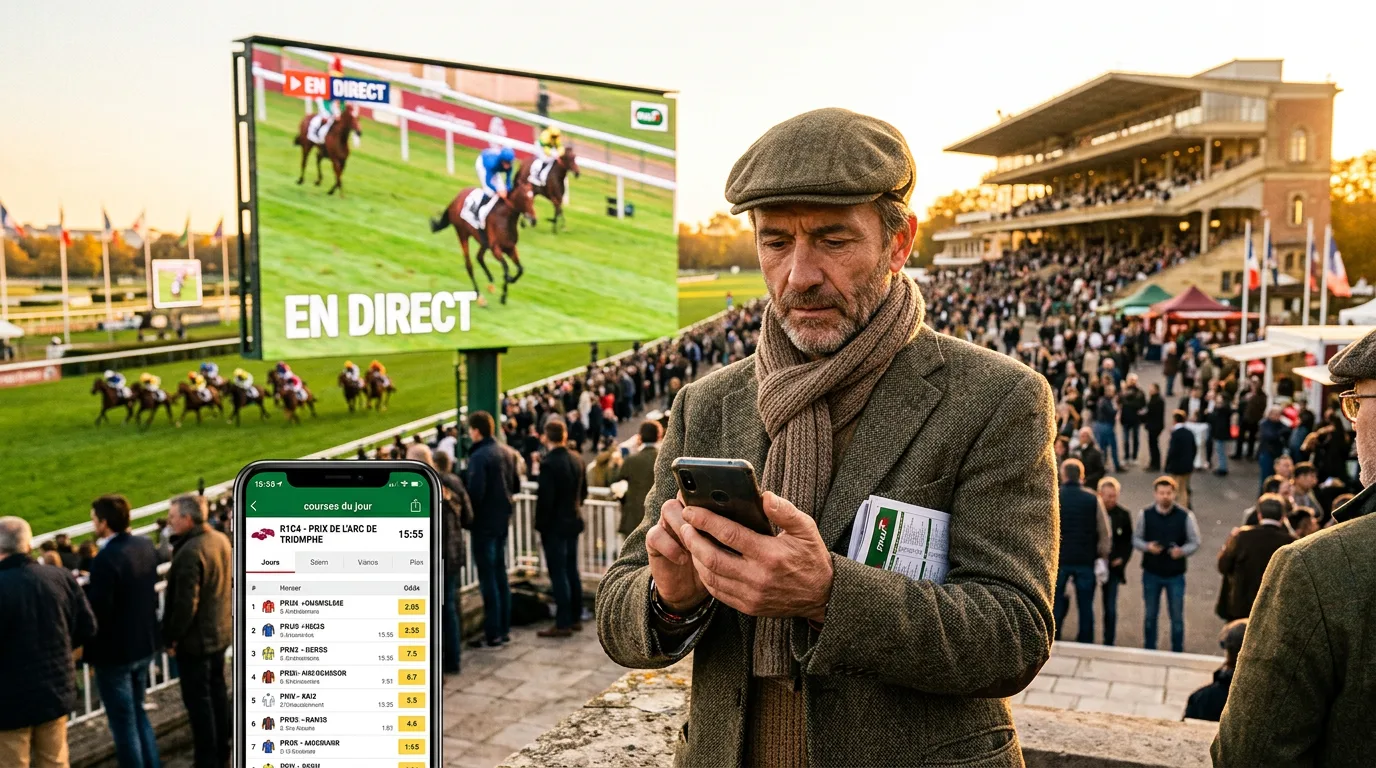 Turfiste consultant le programme PMU des courses du jour sur mobile devant l'écran direct vidéo d'un hippodrome